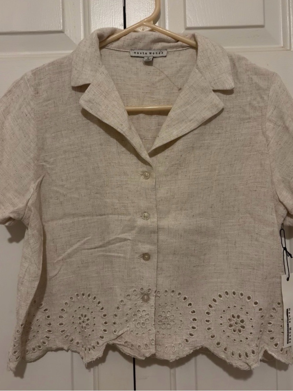 Haute Monde Cream Eyelet Hem Button-Down Linen Shirt